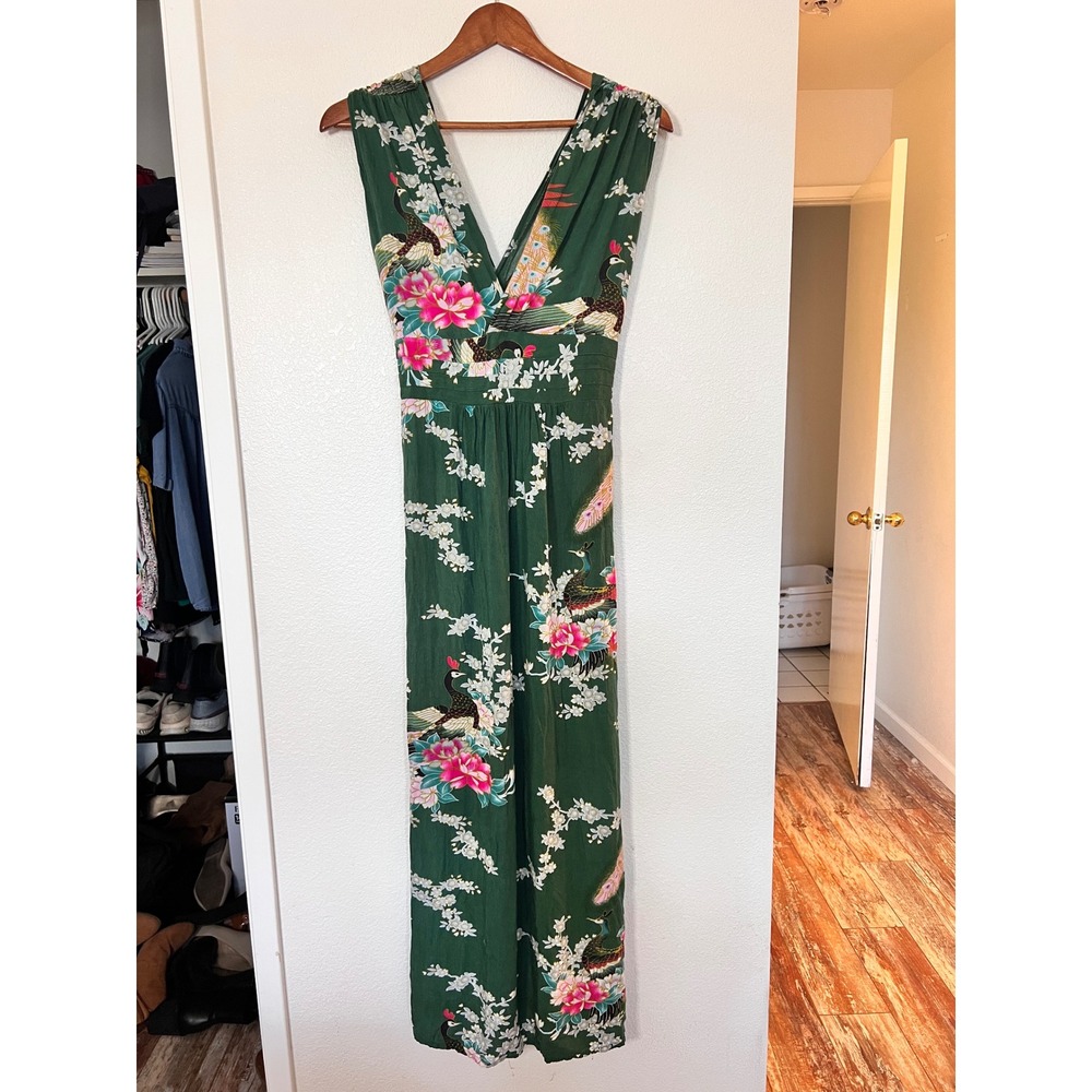 Ruby Rocks Green Peacock Floral Maxi Dress Boho V Neck Empire Waist Small